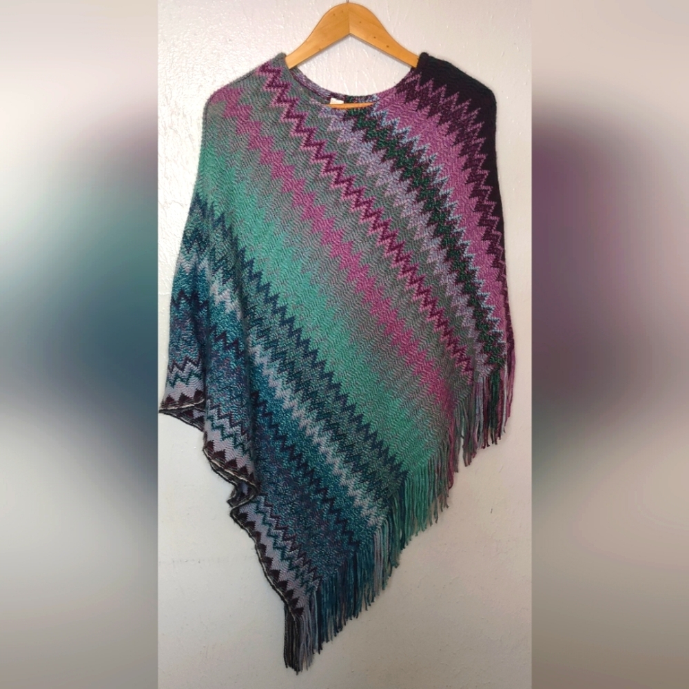 Cato Multicolor Knit Zigzag Poncho With Fringe